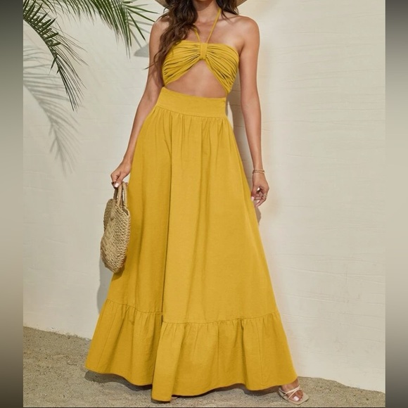 Boho cutout backless ruffle hem halter maxi dress - Picture 1 of 5
